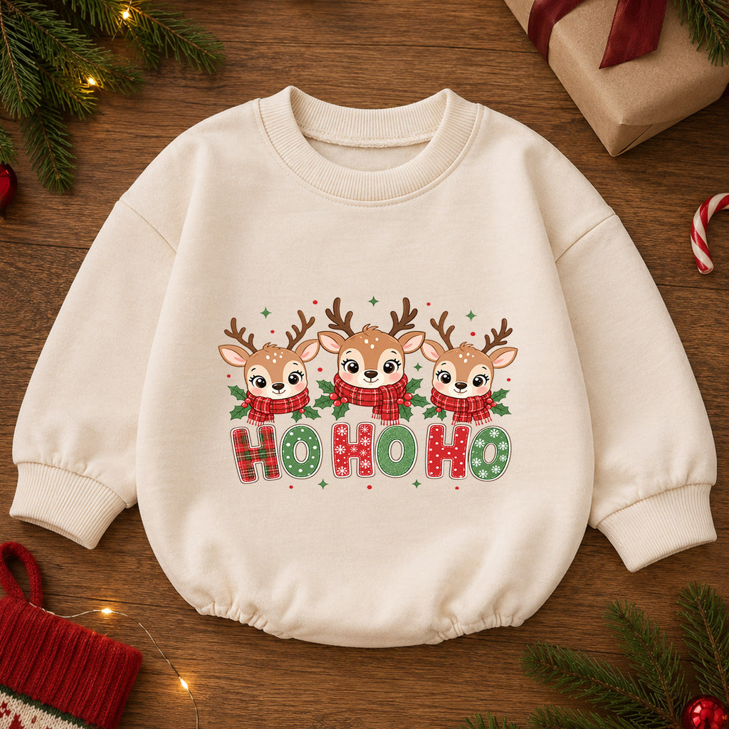 Ho Ho Ho Reindeer Baby Christmas Romper, Cute Reindeer Holiday Outfit, Toddler Xmas Clothes, Christmas Baby Gift — product view 2