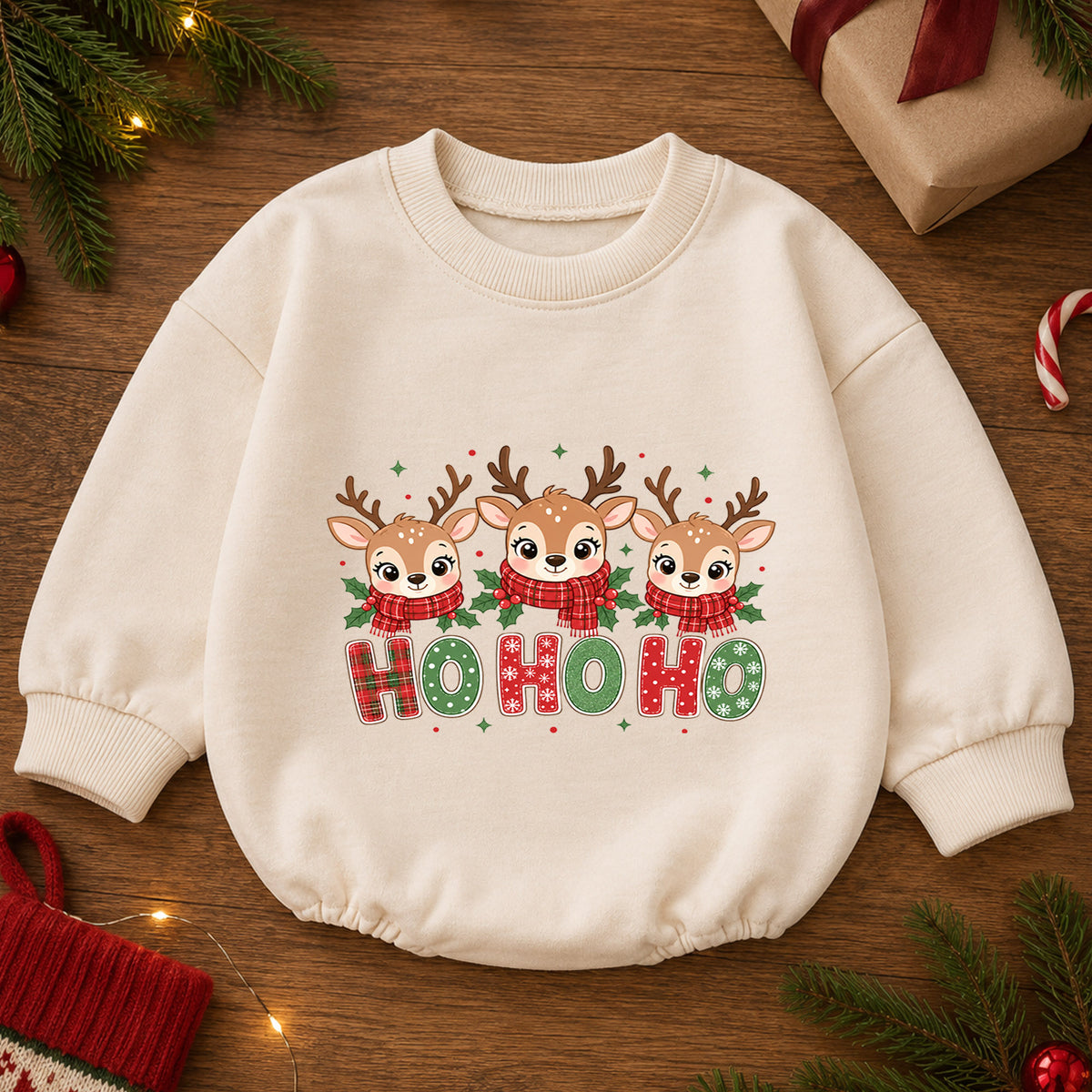 Ho Ho Ho Reindeer Baby Christmas Romper, Cute Reindeer Holiday Outfit, Toddler Xmas Clothes, Christmas Baby Gift — product view 2