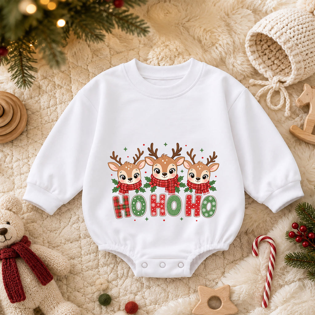 Ho Ho Ho Reindeer Baby Christmas Romper, Cute Reindeer Holiday Outfit, Toddler Xmas Clothes, Christmas Baby Gift — product view 3
