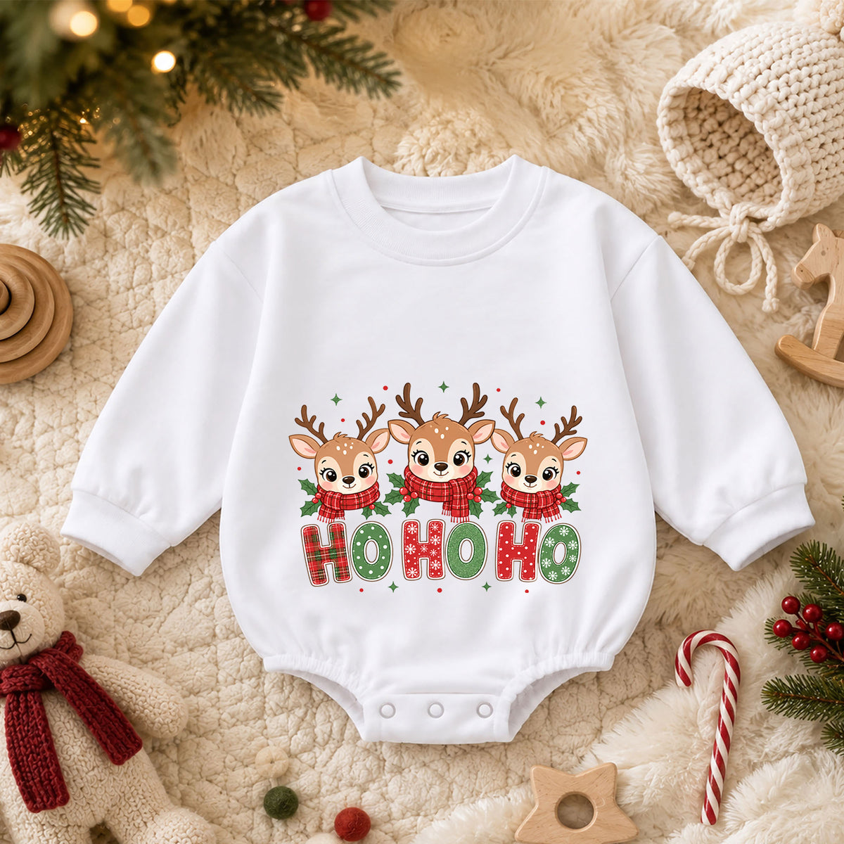 Ho Ho Ho Reindeer Baby Christmas Romper, Cute Reindeer Holiday Outfit, Toddler Xmas Clothes, Christmas Baby Gift — product view 3