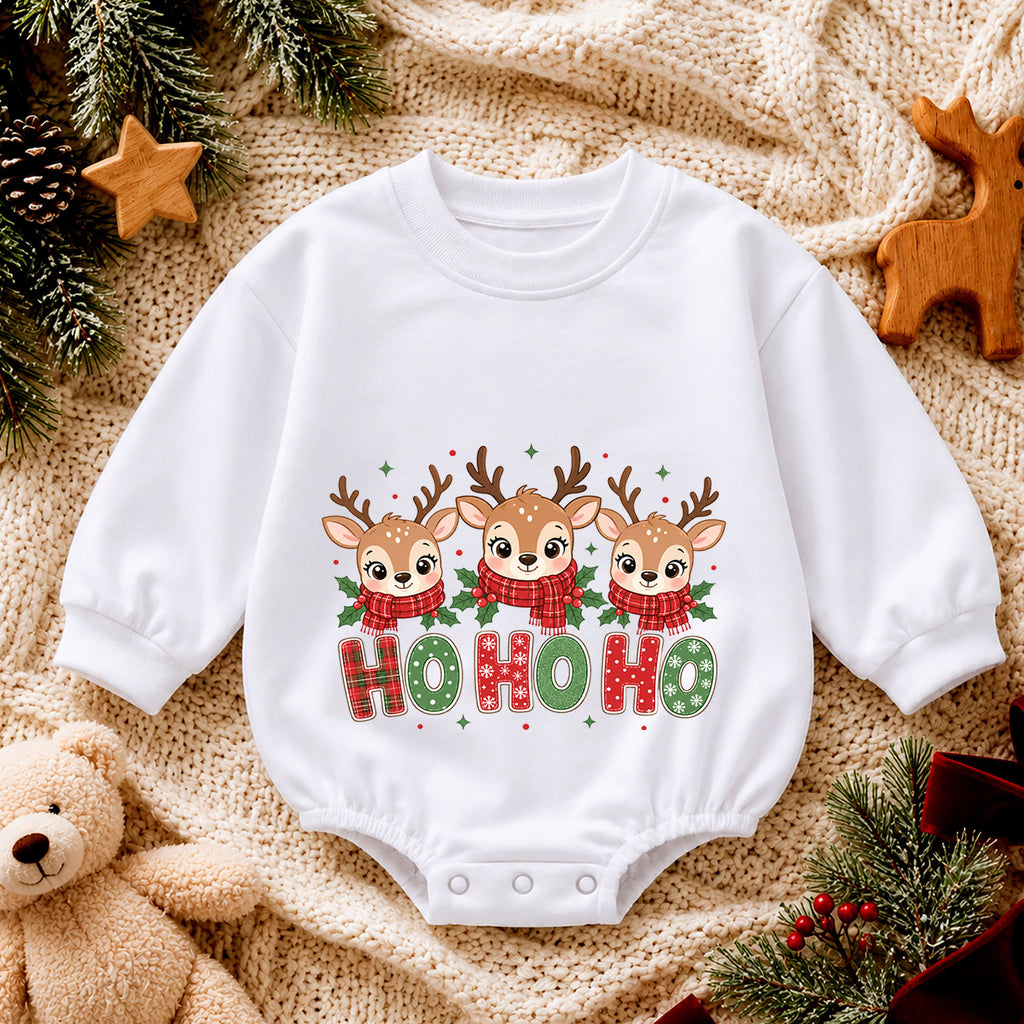 Ho Ho Ho Reindeer Baby Christmas Romper, Cute Reindeer Holiday Outfit, Toddler Xmas Clothes, Christmas Baby Gift — product view 4