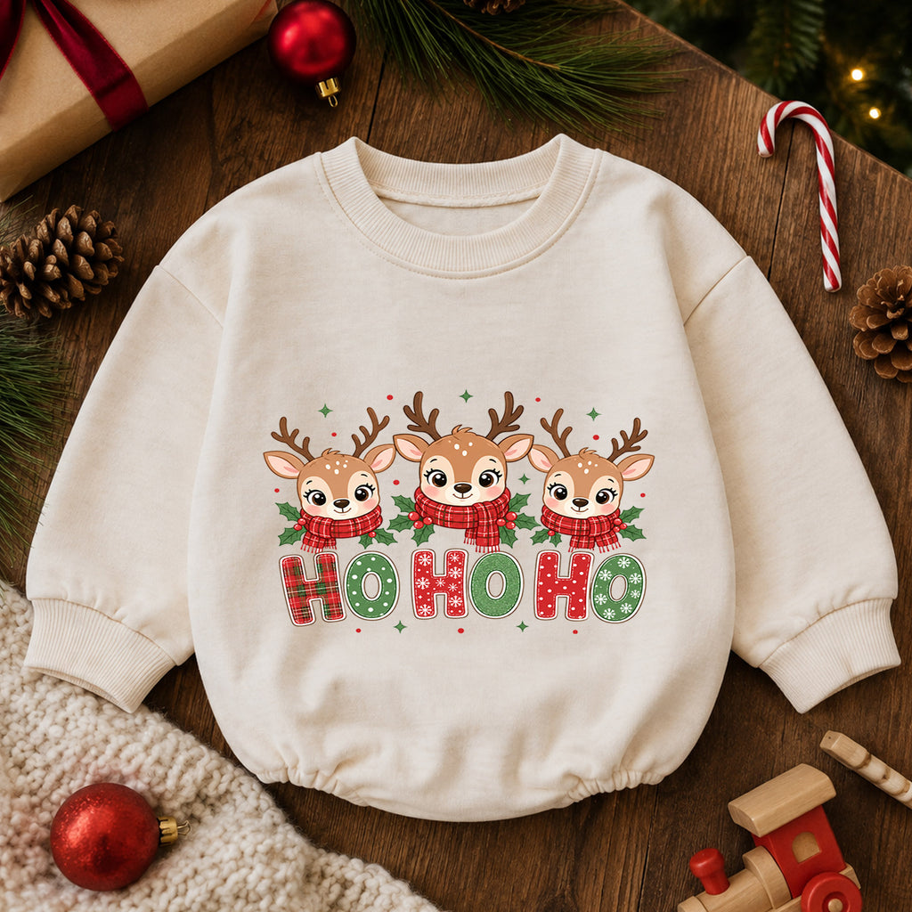 Ho Ho Ho Reindeer Baby Christmas Romper, Cute Reindeer Holiday Outfit, Toddler Xmas Clothes, Christmas Baby Gift — product view 6