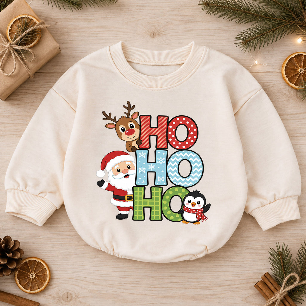 Ho Ho Ho Santa Reindeer Penguin Baby Romper, Cute Christmas Holiday Outfit, Toddler Xmas Clothes, Baby Gift — product view 1