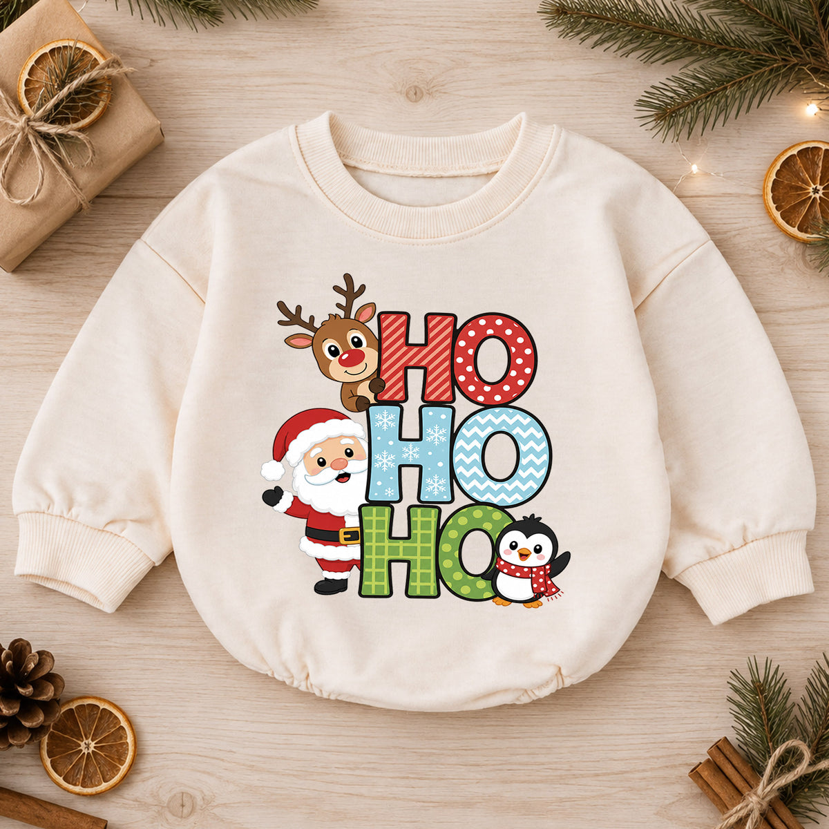 Ho Ho Ho Santa Reindeer Penguin Baby Romper, Cute Christmas Holiday Outfit, Toddler Xmas Clothes, Baby Gift — product view 1