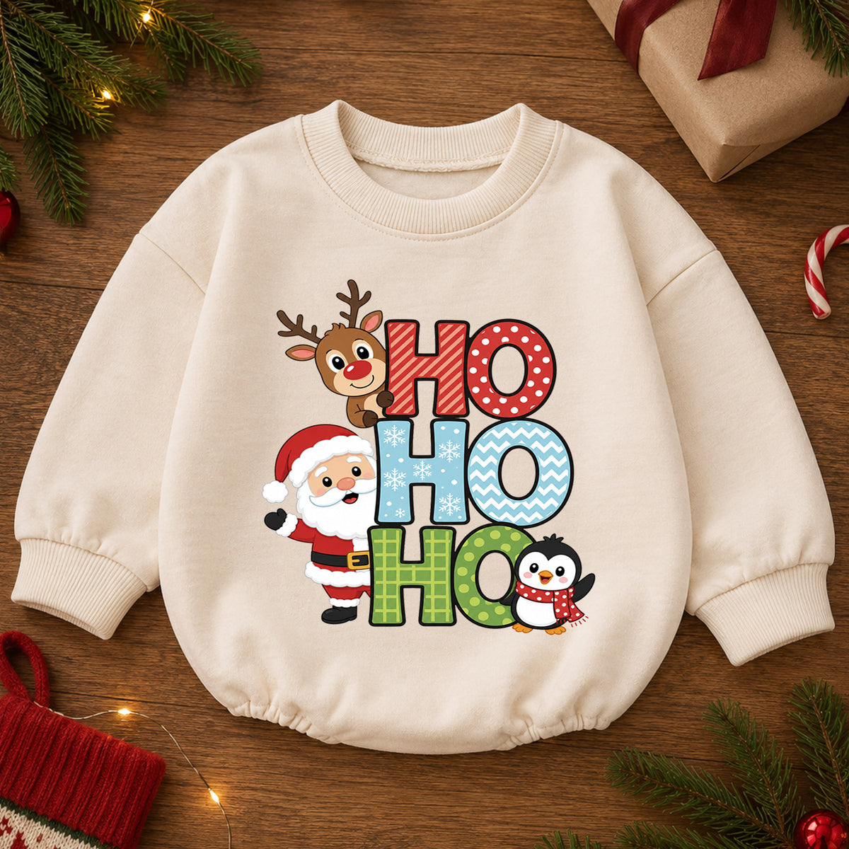 Ho Ho Ho Santa Reindeer Penguin Baby Romper, Cute Christmas Holiday Outfit, Toddler Xmas Clothes, Baby Gift — product view 2