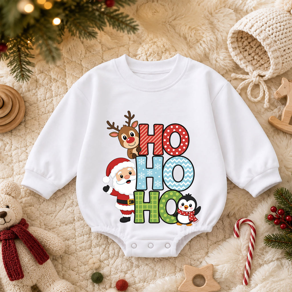 Ho Ho Ho Santa Reindeer Penguin Baby Romper, Cute Christmas Holiday Outfit, Toddler Xmas Clothes, Baby Gift — product view 3