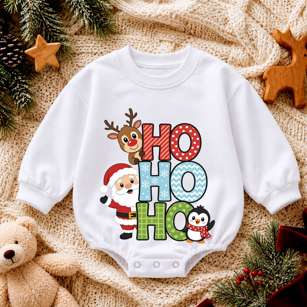 Ho Ho Ho Santa Reindeer Penguin Baby Romper, Cute Christmas Holiday Outfit, Toddler Xmas Clothes, Baby Gift — product view 4