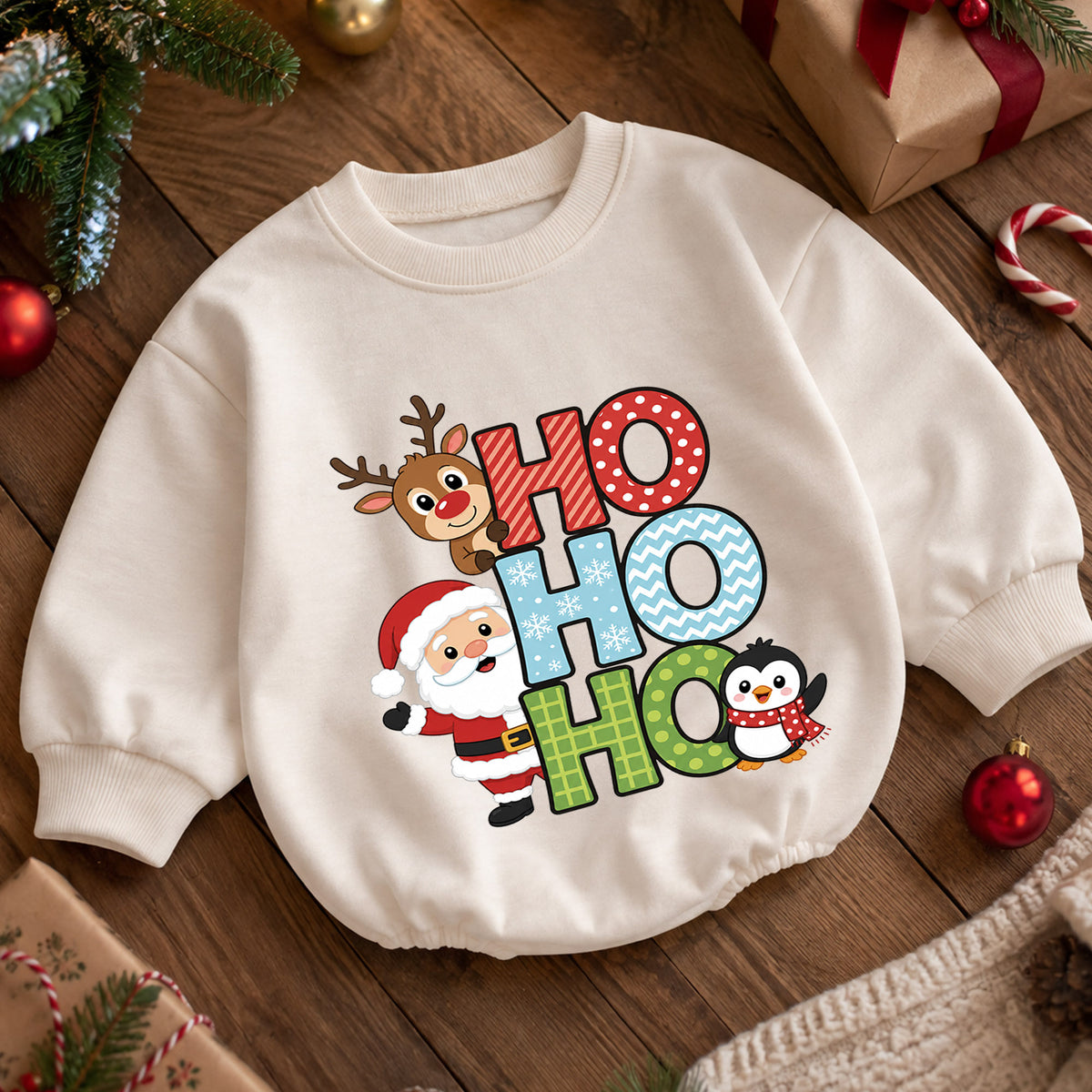 Ho Ho Ho Santa Reindeer Penguin Baby Romper, Cute Christmas Holiday Outfit, Toddler Xmas Clothes, Baby Gift — product view 5