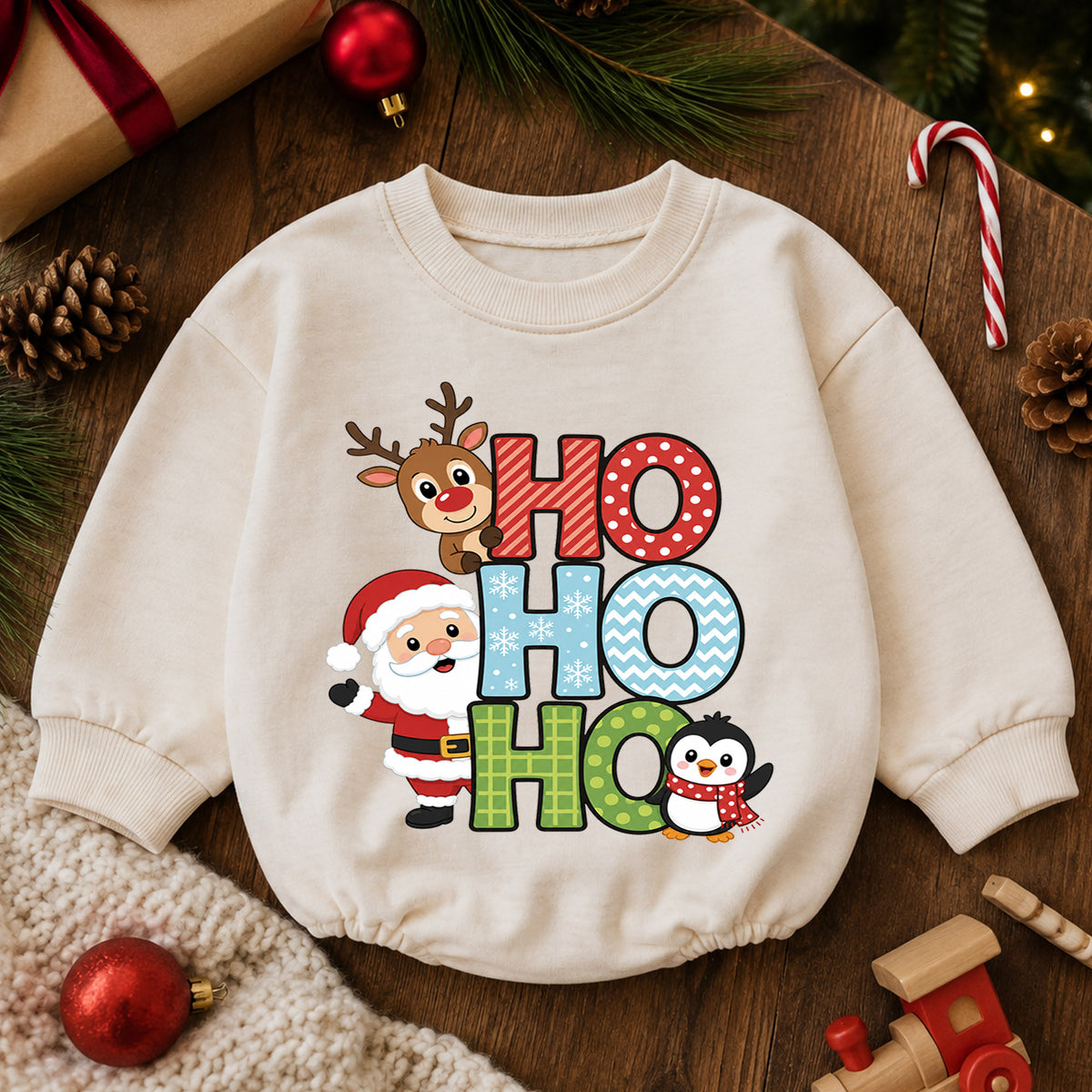 Ho Ho Ho Santa Reindeer Penguin Baby Romper, Cute Christmas Holiday Outfit, Toddler Xmas Clothes, Baby Gift — product view 6