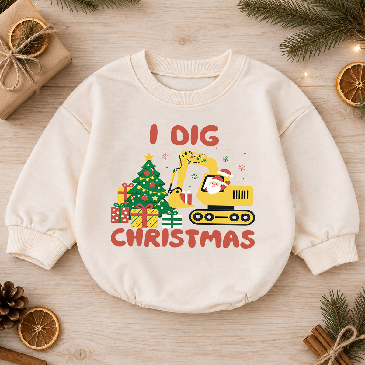 I Dig Christmas Excavator Baby Romper, Construction Holiday Outfit, Truck 1st Birthday Gift, Baby 1st Christmas Keepsake — product view 1