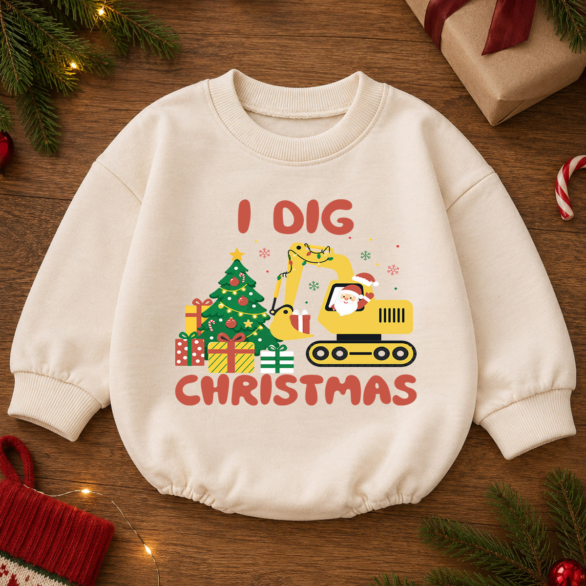 I Dig Christmas Excavator Baby Romper, Construction Holiday Outfit, Truck 1st Birthday Gift, Baby 1st Christmas Keepsake — product view 2
