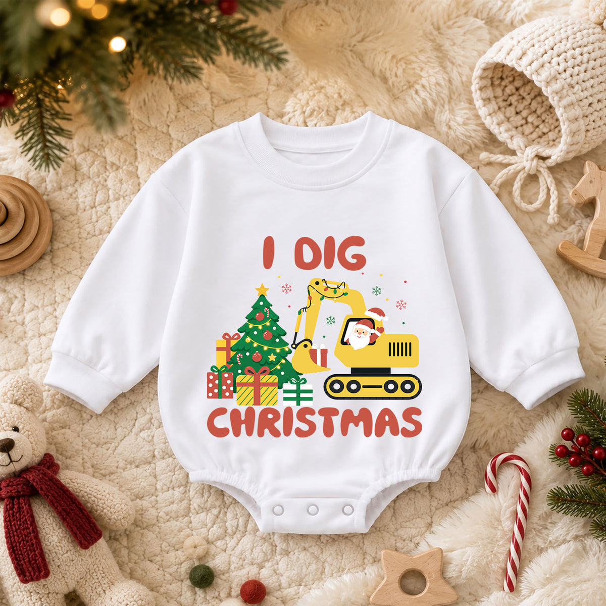 I Dig Christmas Excavator Baby Romper, Construction Holiday Outfit, Truck 1st Birthday Gift, Baby 1st Christmas Keepsake — product view 3