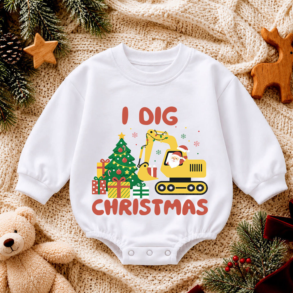 I Dig Christmas Excavator Baby Romper, Construction Holiday Outfit, Truck 1st Birthday Gift, Baby 1st Christmas Keepsake — product view 4
