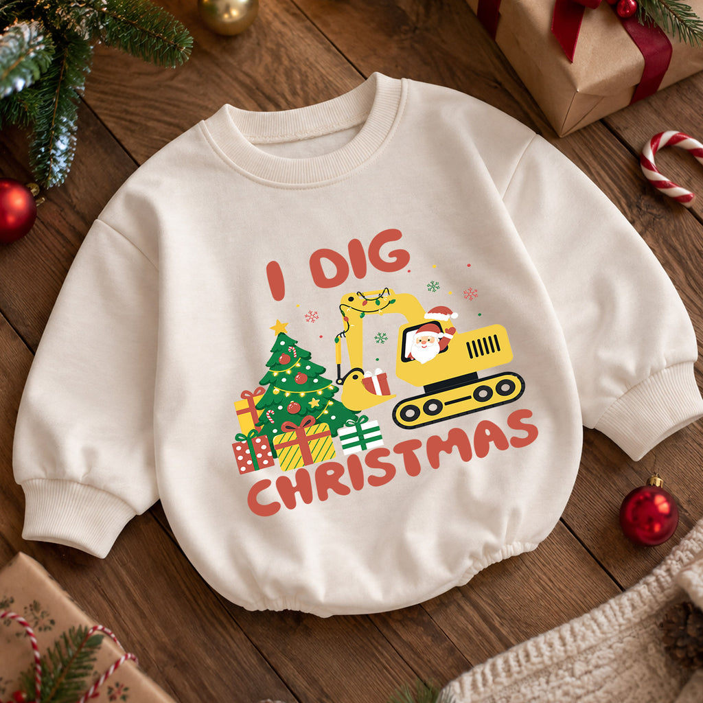 I Dig Christmas Excavator Baby Romper, Construction Holiday Outfit, Truck 1st Birthday Gift, Baby 1st Christmas Keepsake — product view 5