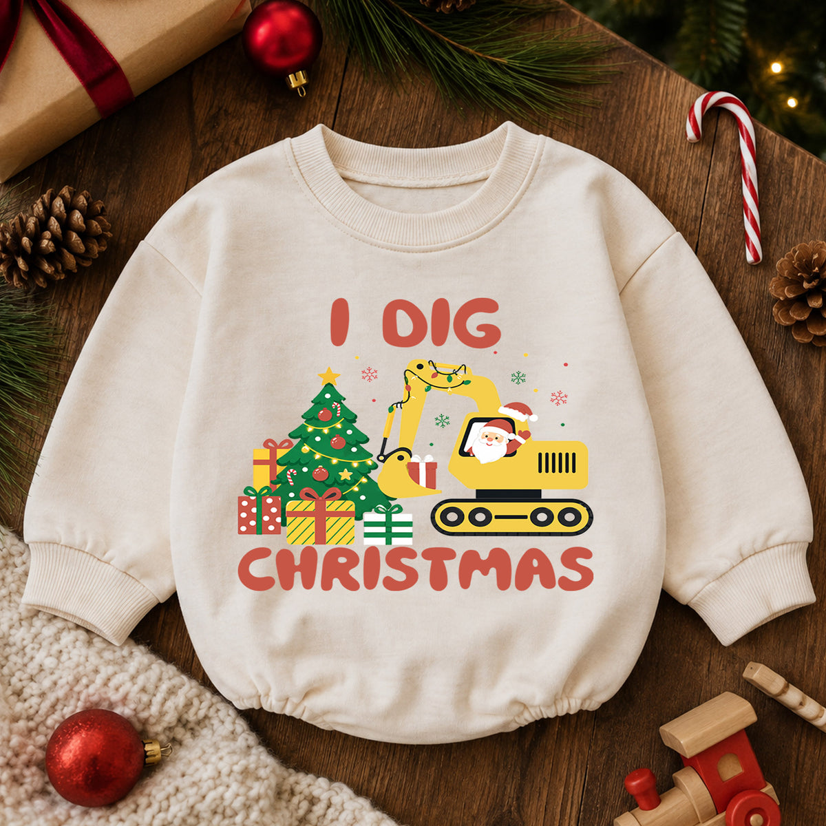 I Dig Christmas Excavator Baby Romper, Construction Holiday Outfit, Truck 1st Birthday Gift, Baby 1st Christmas Keepsake — product view 6