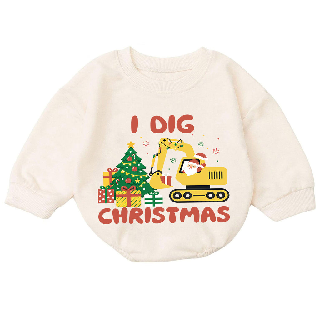 I Dig Christmas Excavator Baby Romper, Construction Holiday Outfit, Truck 1st Birthday Gift, Baby 1st Christmas Keepsake — product view 7