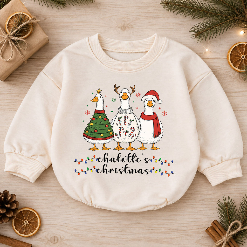 Christmas Goose Baby Romper, Holiday Outfit, Festive Goose Christmas Romper, Baby Girl Boy Xmas Gift — product view 1
