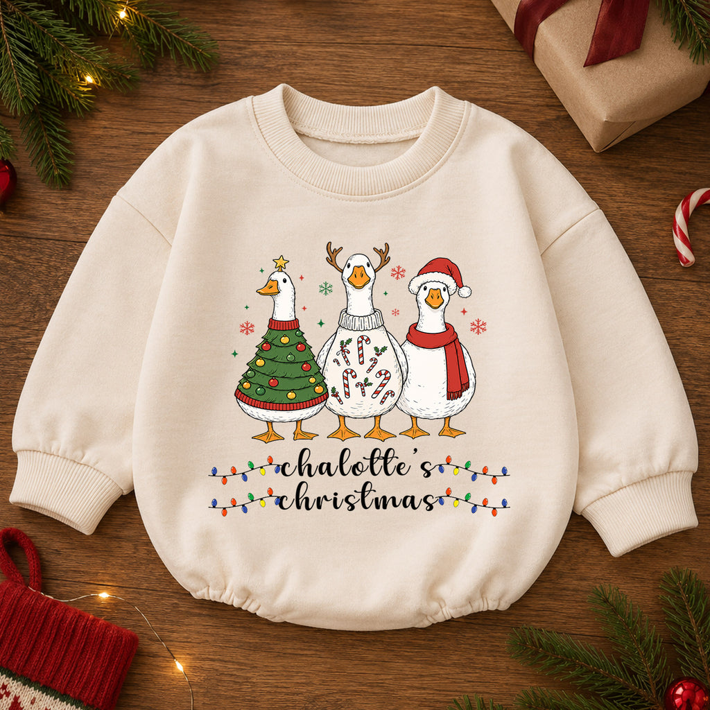 Christmas Goose Baby Romper, Holiday Outfit, Festive Goose Christmas Romper, Baby Girl Boy Xmas Gift — product view 2