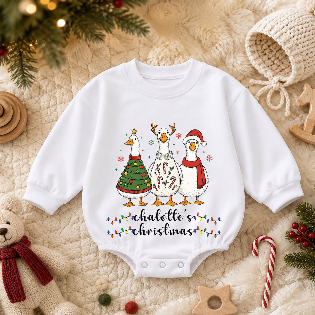 Christmas Goose Baby Romper, Holiday Outfit, Festive Goose Christmas Romper, Baby Girl Boy Xmas Gift — product view 3