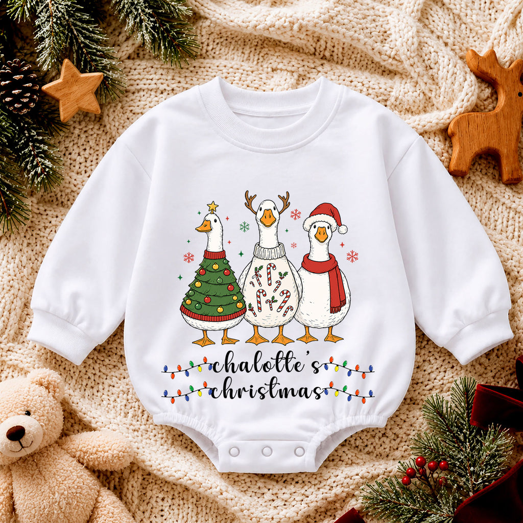 Christmas Goose Baby Romper, Holiday Outfit, Festive Goose Christmas Romper, Baby Girl Boy Xmas Gift — product view 4