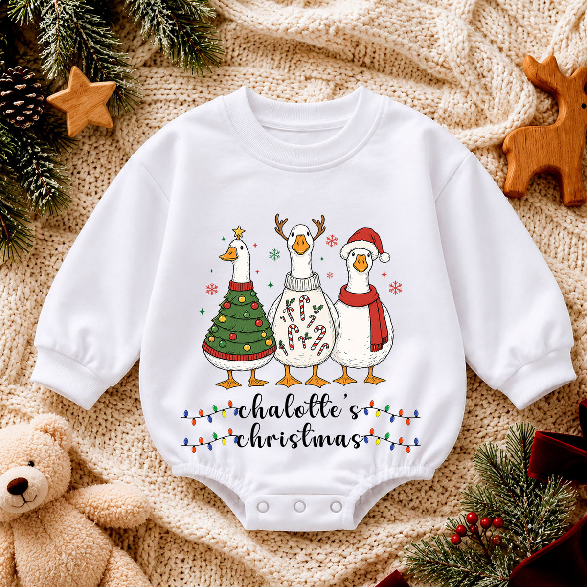 Christmas Goose Baby Romper, Holiday Outfit, Festive Goose Christmas Romper, Baby Girl Boy Xmas Gift — product view 4