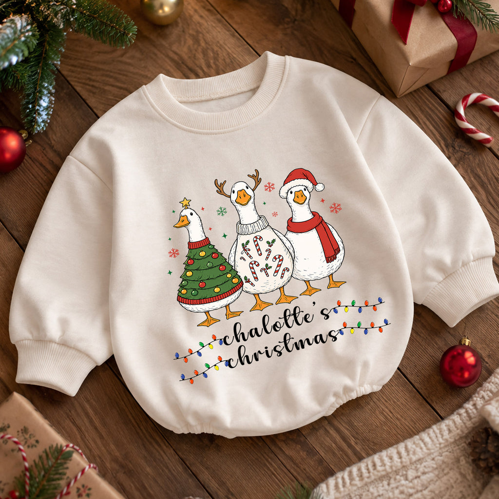 Christmas Goose Baby Romper, Holiday Outfit, Festive Goose Christmas Romper, Baby Girl Boy Xmas Gift — product view 5