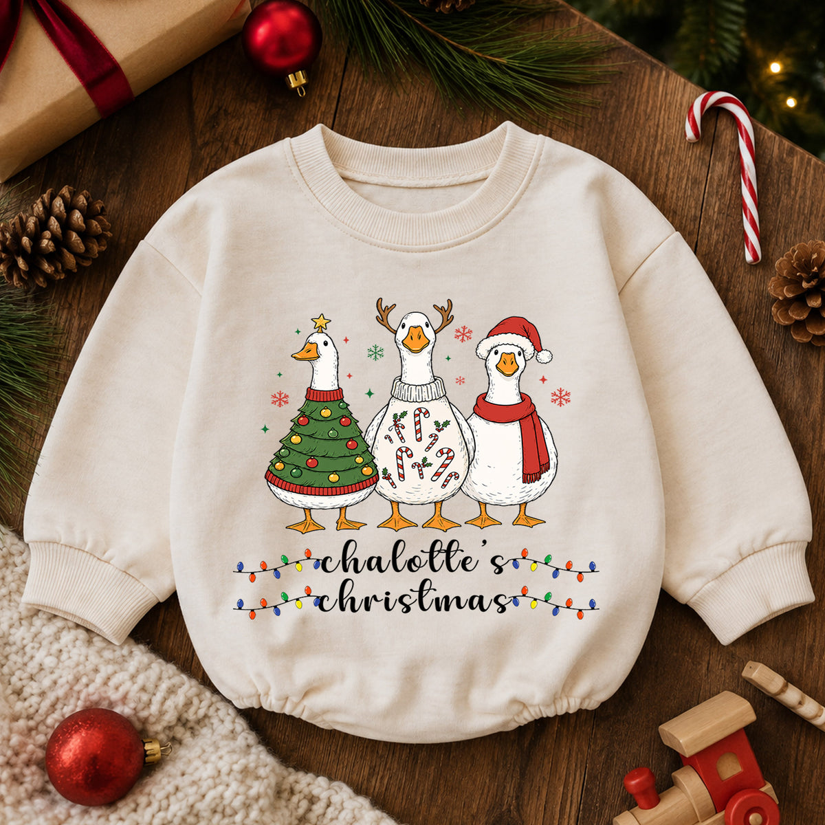 Christmas Goose Baby Romper, Holiday Outfit, Festive Goose Christmas Romper, Baby Girl Boy Xmas Gift — product view 6