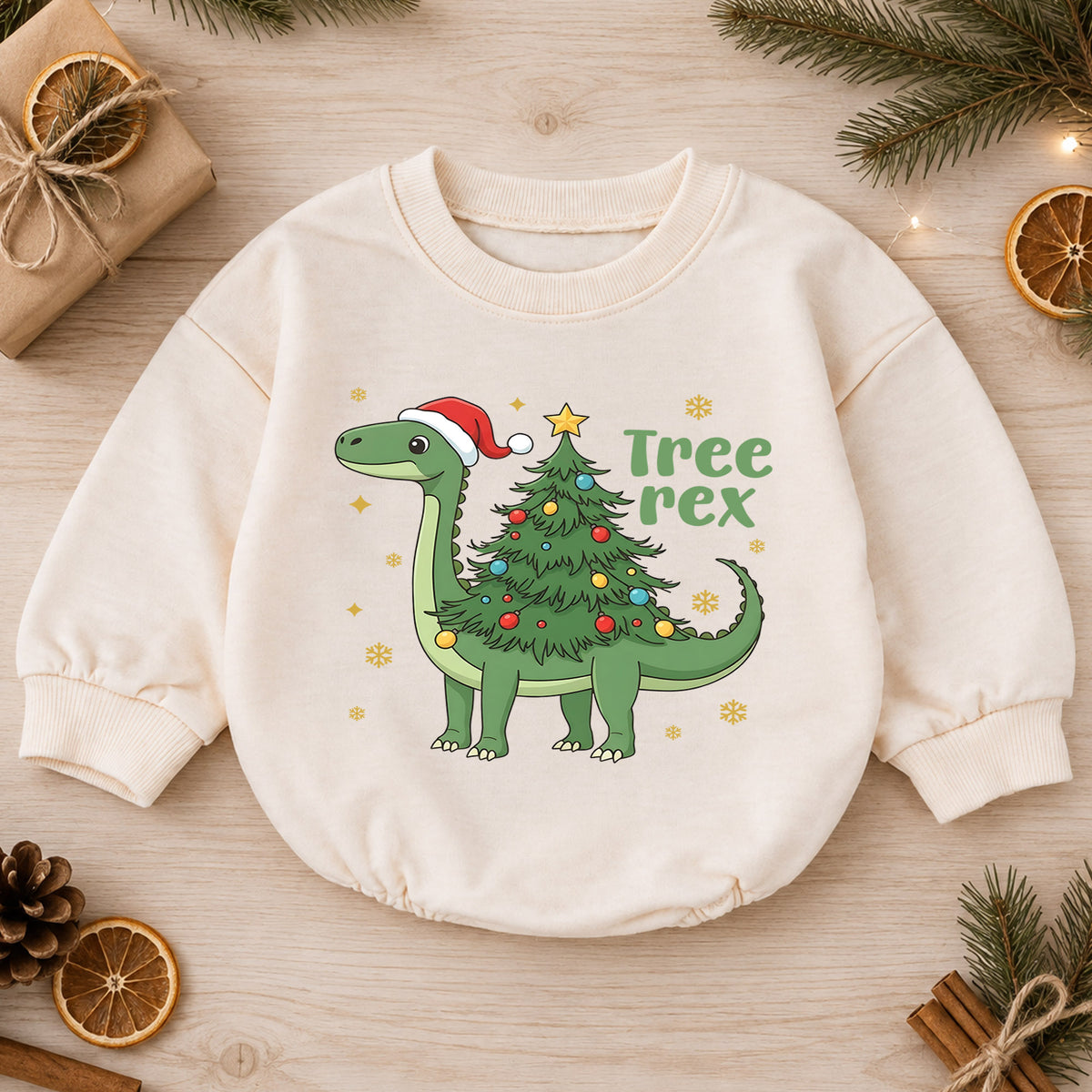 Tree Rex Dinosaur Christmas Baby Romper, Cute Dino Holiday Outfit, Toddler Xmas Clothes, Christmas Dinosaur Gift — product view 1