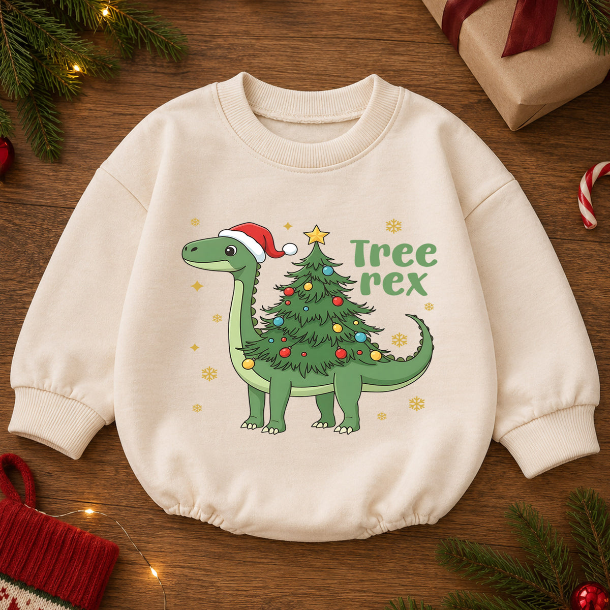 Tree Rex Dinosaur Christmas Baby Romper, Cute Dino Holiday Outfit, Toddler Xmas Clothes, Christmas Dinosaur Gift — product view 2