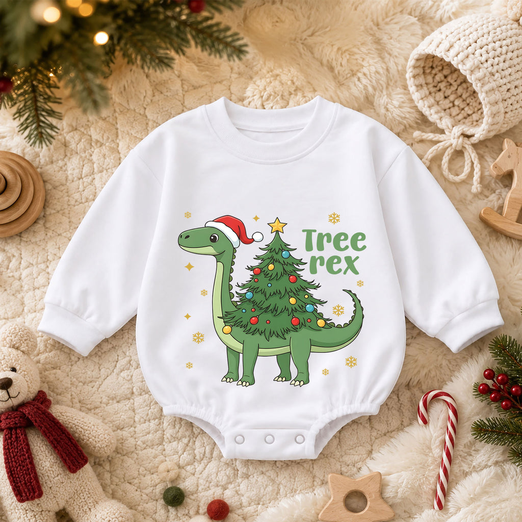 Tree Rex Dinosaur Christmas Baby Romper, Cute Dino Holiday Outfit, Toddler Xmas Clothes, Christmas Dinosaur Gift — product view 3