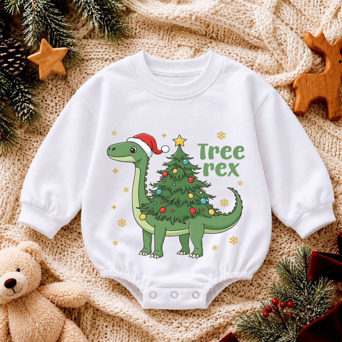 Tree Rex Dinosaur Christmas Baby Romper, Cute Dino Holiday Outfit, Toddler Xmas Clothes, Christmas Dinosaur Gift — product view 4