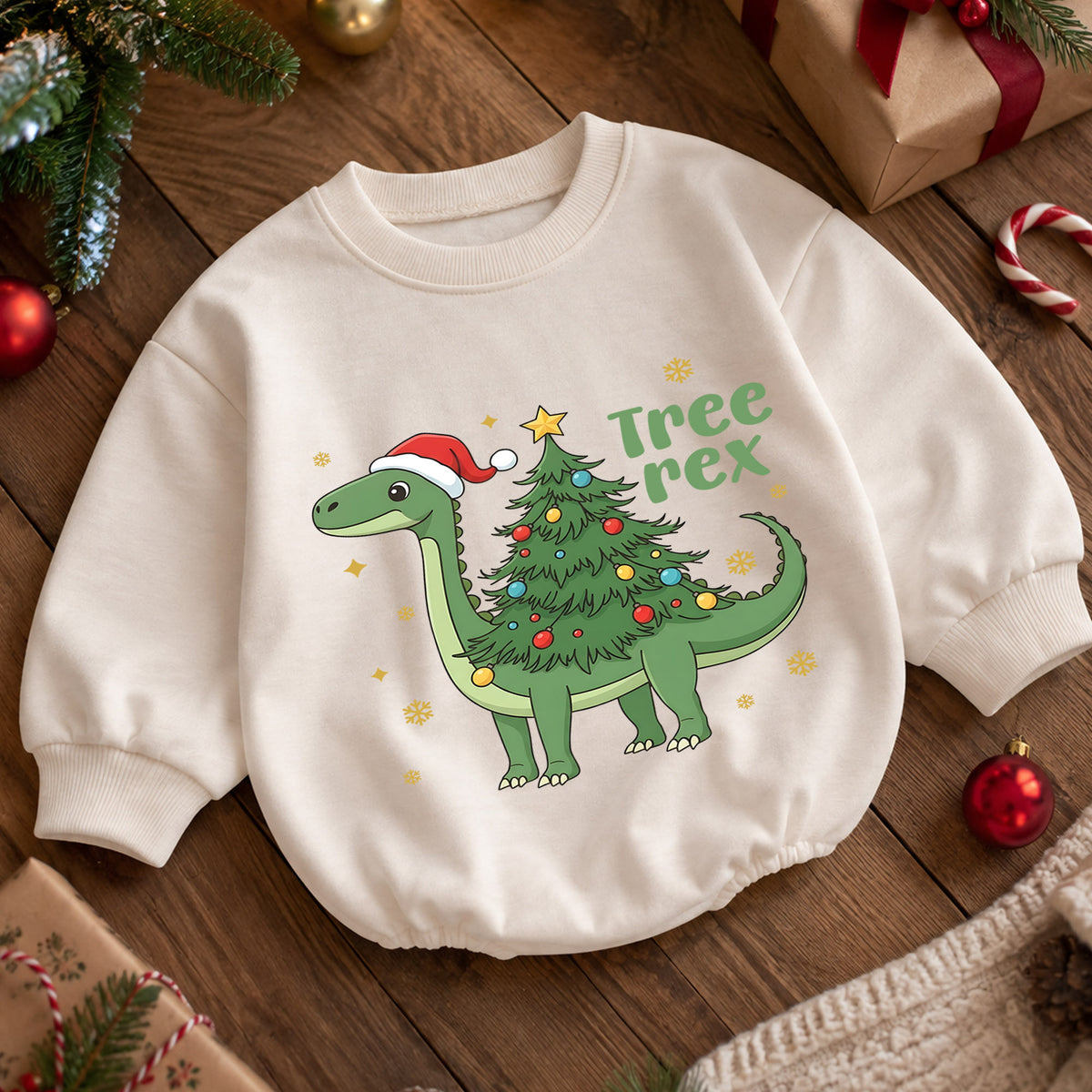 Tree Rex Dinosaur Christmas Baby Romper, Cute Dino Holiday Outfit, Toddler Xmas Clothes, Christmas Dinosaur Gift — product view 5