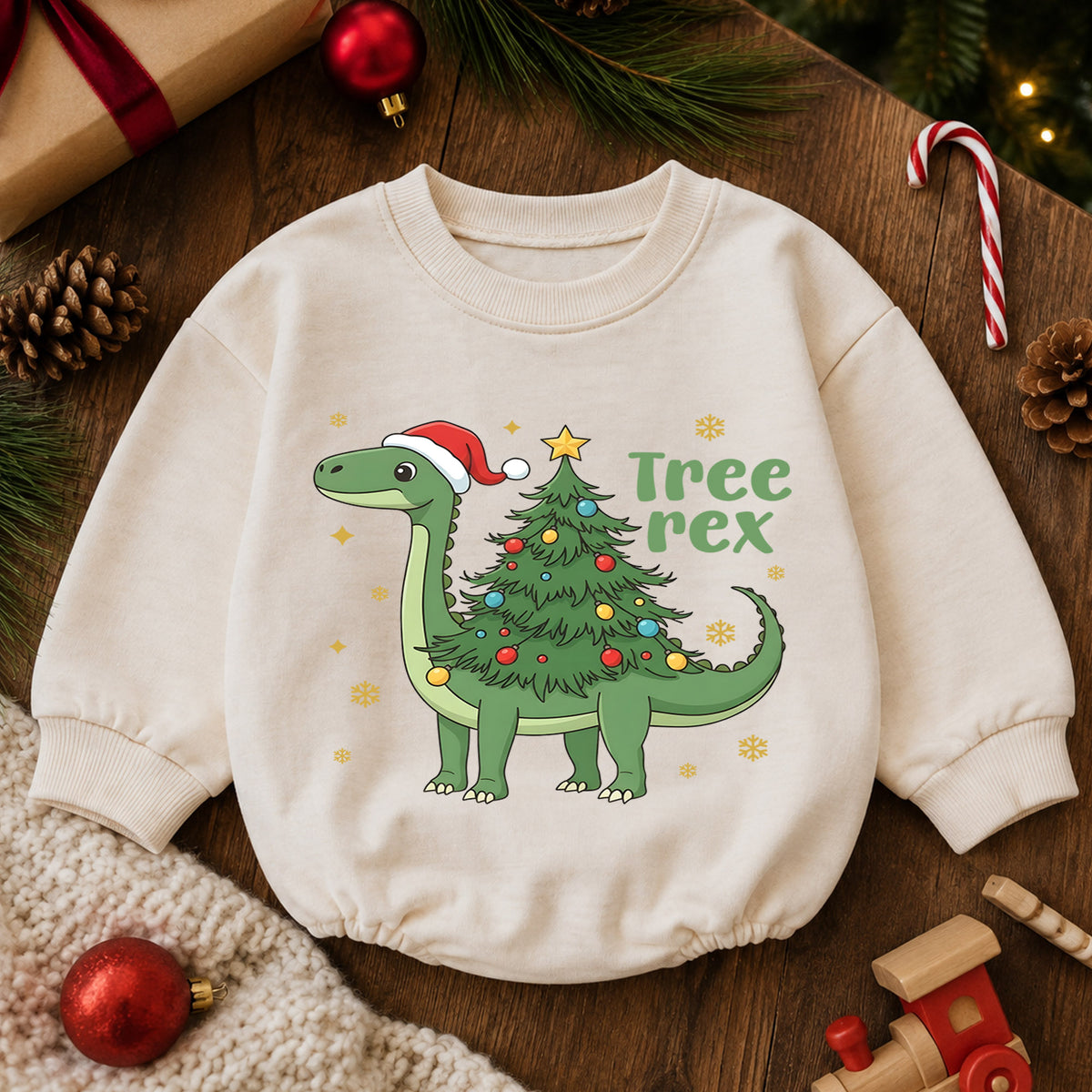 Tree Rex Dinosaur Christmas Baby Romper, Cute Dino Holiday Outfit, Toddler Xmas Clothes, Christmas Dinosaur Gift — product view 6