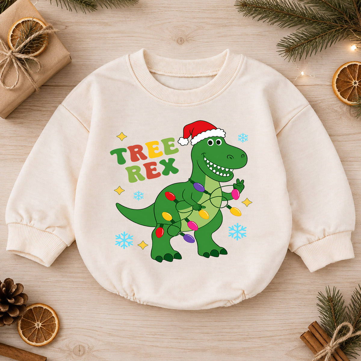 Tree Rex T Rex Christmas Baby Romper, Dinosaur Holiday Outfit, Toddler Xmas Clothes, Funny Christmas Dino Gift — product view 1