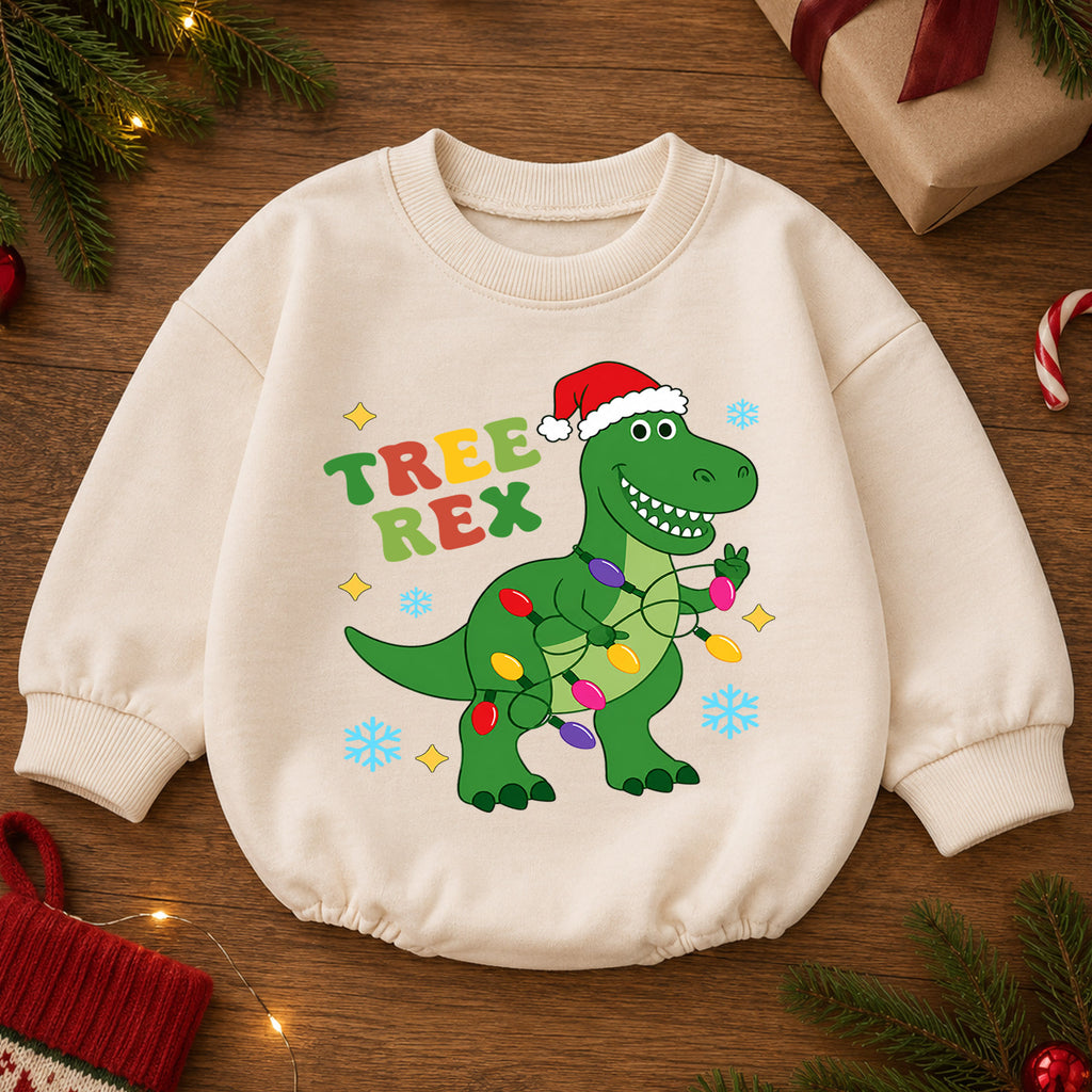 Tree Rex T Rex Christmas Baby Romper, Dinosaur Holiday Outfit, Toddler Xmas Clothes, Funny Christmas Dino Gift — product view 2
