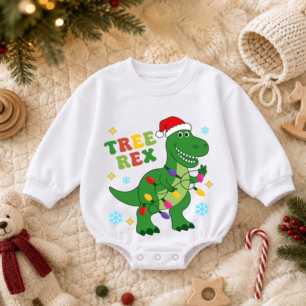 Tree Rex T Rex Christmas Baby Romper, Dinosaur Holiday Outfit, Toddler Xmas Clothes, Funny Christmas Dino Gift — product view 3