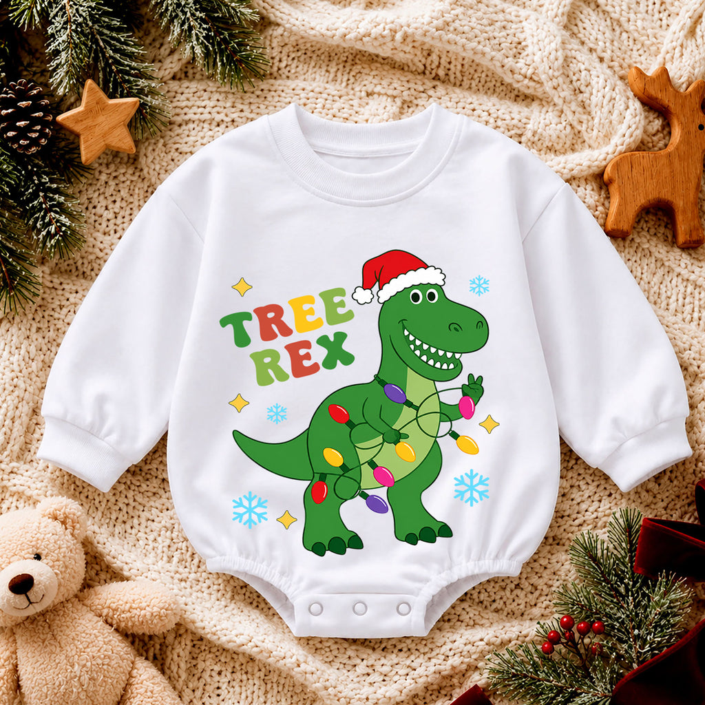 Tree Rex T Rex Christmas Baby Romper, Dinosaur Holiday Outfit, Toddler Xmas Clothes, Funny Christmas Dino Gift — product view 4