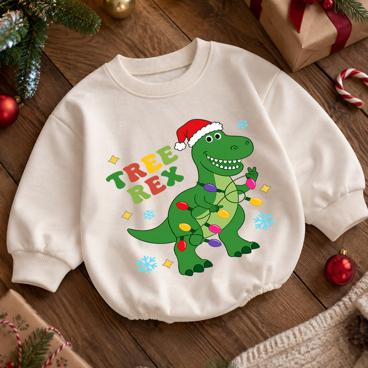 Tree Rex T Rex Christmas Baby Romper, Dinosaur Holiday Outfit, Toddler Xmas Clothes, Funny Christmas Dino Gift — product view 5
