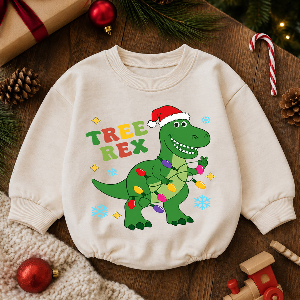 Tree Rex T Rex Christmas Baby Romper, Dinosaur Holiday Outfit, Toddler Xmas Clothes, Funny Christmas Dino Gift — product view 6