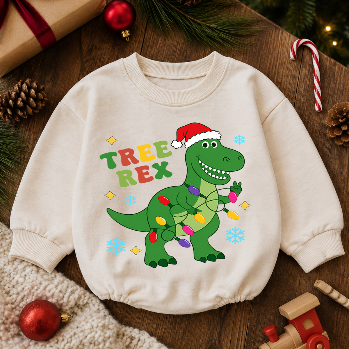 Tree Rex T Rex Christmas Baby Romper, Dinosaur Holiday Outfit, Toddler Xmas Clothes, Funny Christmas Dino Gift — product view 6