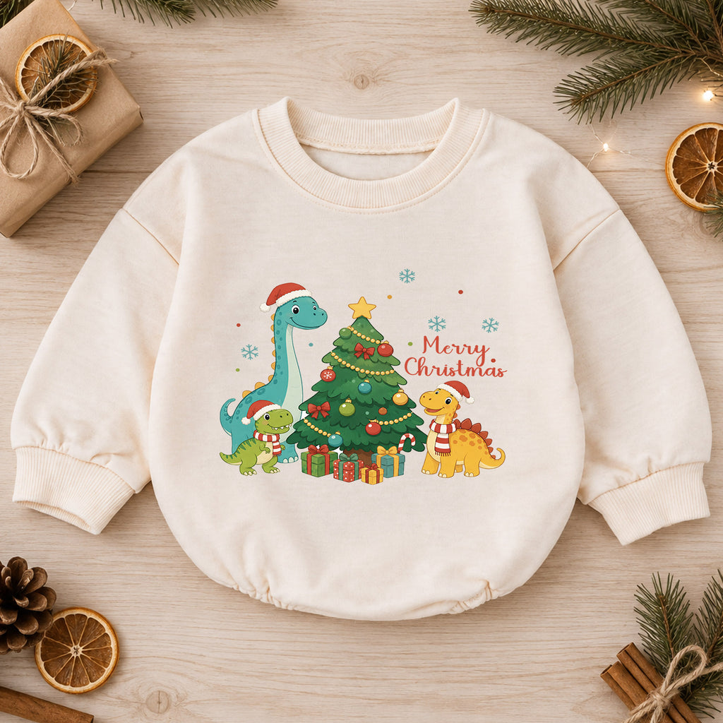 Merry Christmas Dinosaur Baby Romper, Cute Dino Holiday Outfit, Toddler Christmas Clothes, Xmas Dinosaur Gift — product view 1