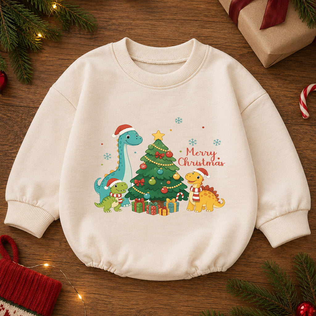 Merry Christmas Dinosaur Baby Romper, Cute Dino Holiday Outfit, Toddler Christmas Clothes, Xmas Dinosaur Gift — product view 2
