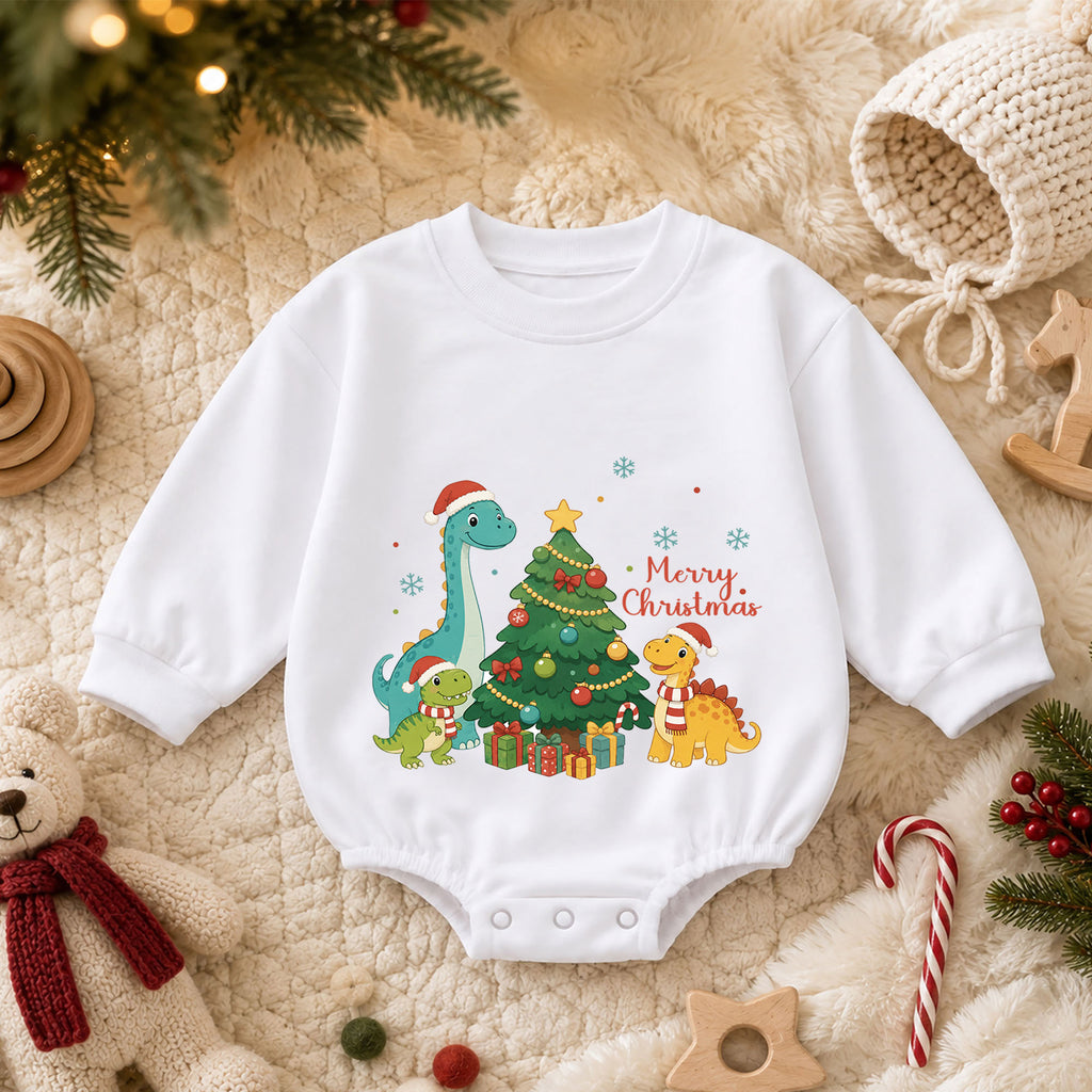 Merry Christmas Dinosaur Baby Romper, Cute Dino Holiday Outfit, Toddler Christmas Clothes, Xmas Dinosaur Gift — product view 3