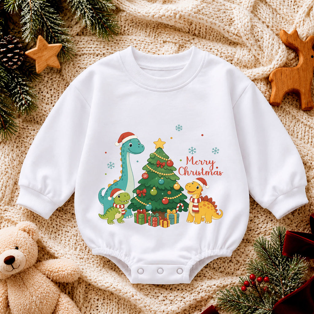 Merry Christmas Dinosaur Baby Romper, Cute Dino Holiday Outfit, Toddler Christmas Clothes, Xmas Dinosaur Gift — product view 4