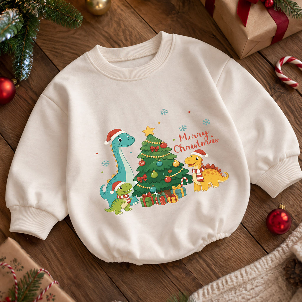 Merry Christmas Dinosaur Baby Romper, Cute Dino Holiday Outfit, Toddler Christmas Clothes, Xmas Dinosaur Gift — product view 5