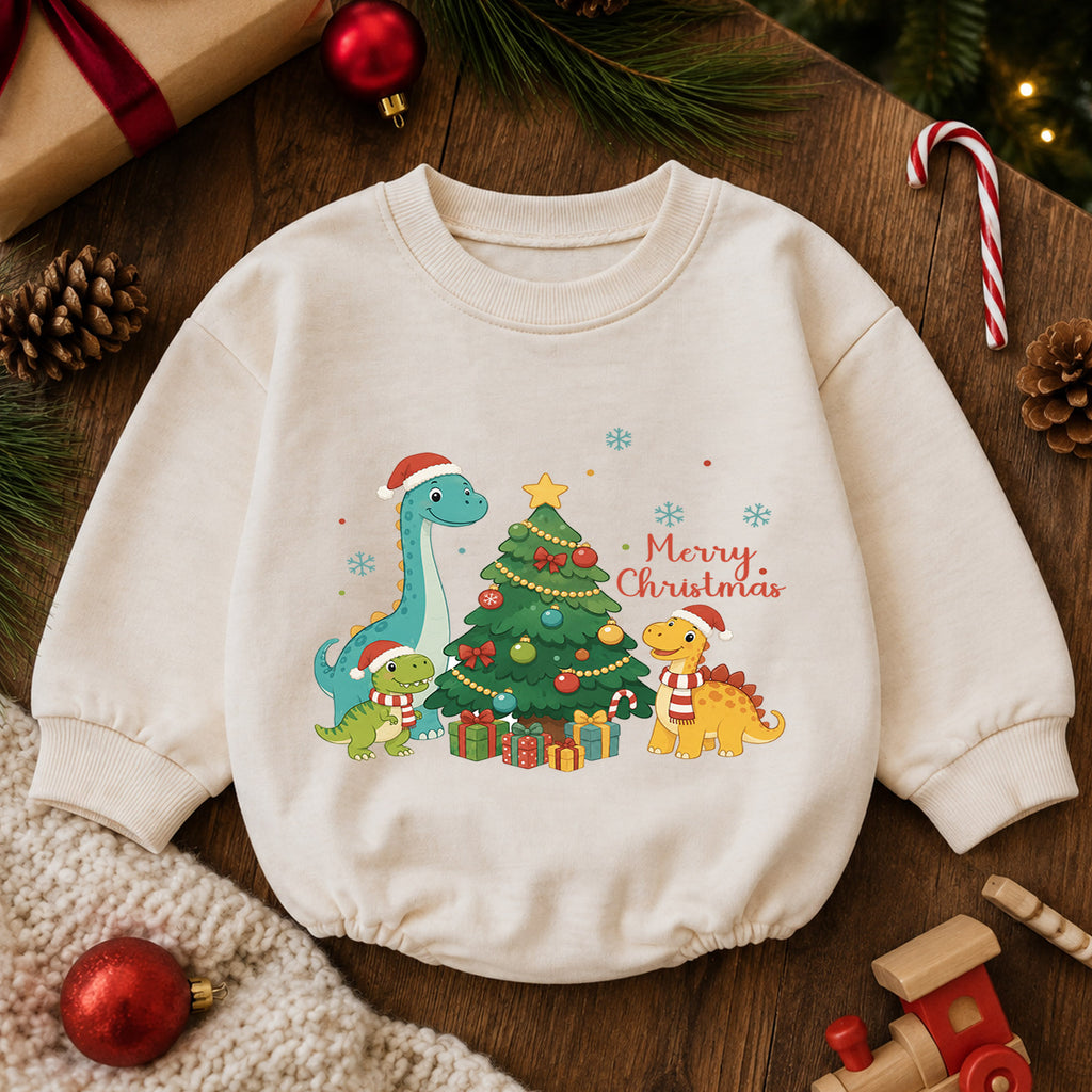 Merry Christmas Dinosaur Baby Romper, Cute Dino Holiday Outfit, Toddler Christmas Clothes, Xmas Dinosaur Gift — product view 6