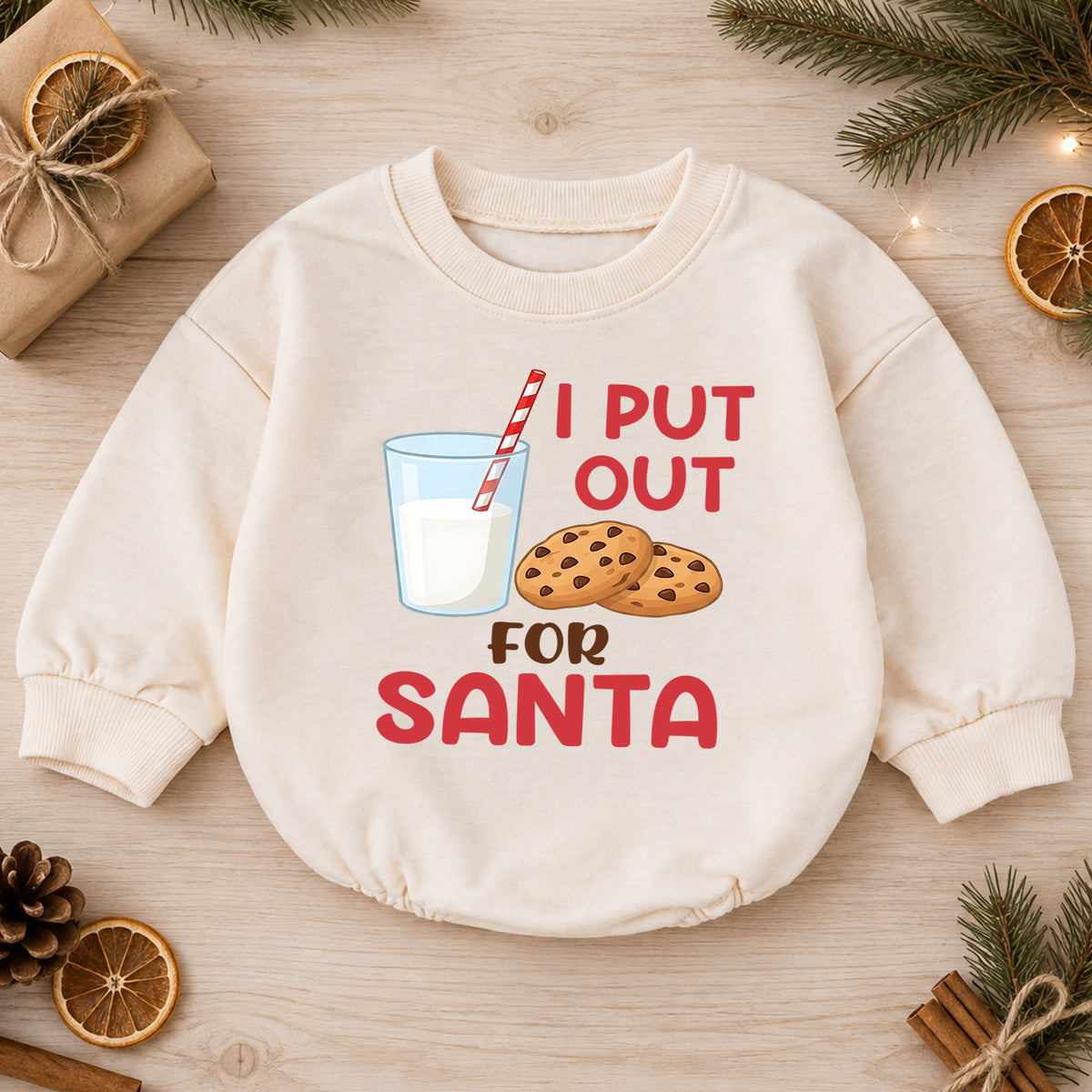 Funny Christmas Baby Romper, I Put Out for Santa Milk Cookie Outfit, Holiday Romper, Toddler Xmas Gift, Baby 1st Christmas — product view 1