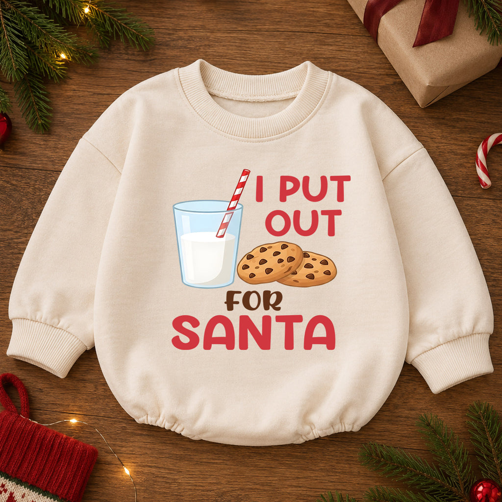 Funny Christmas Baby Romper, I Put Out for Santa Milk Cookie Outfit, Holiday Romper, Toddler Xmas Gift, Baby 1st Christmas — product view 2