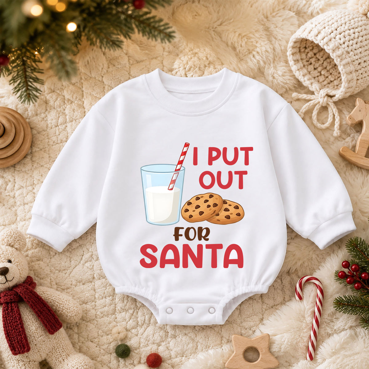 Funny Christmas Baby Romper, I Put Out for Santa Milk Cookie Outfit, Holiday Romper, Toddler Xmas Gift, Baby 1st Christmas — product view 3