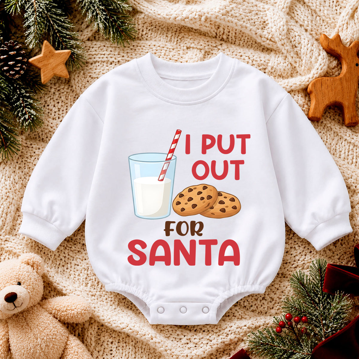 Funny Christmas Baby Romper, I Put Out for Santa Milk Cookie Outfit, Holiday Romper, Toddler Xmas Gift, Baby 1st Christmas — product view 4